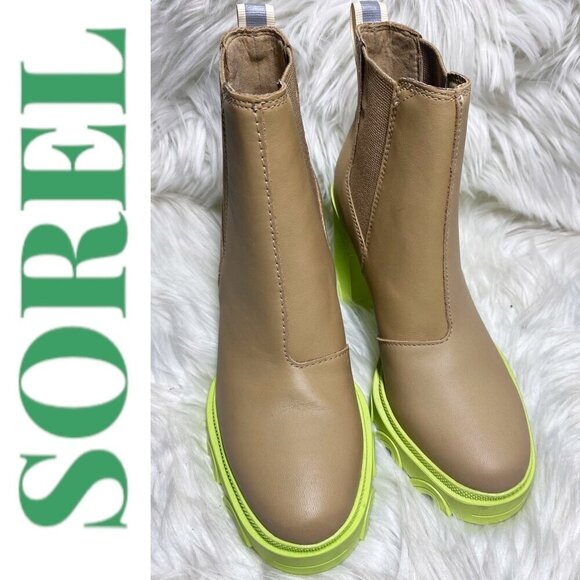 NWOB SOREL Brex Chunky Heel Platform Chelsea Bootie Tan Yellow, Size 6.5 - Picture 3 of 11